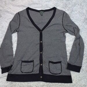 Lauren Jeans Sweater Womens M Blue Cardigan‎ Pockets Striped Snap Up